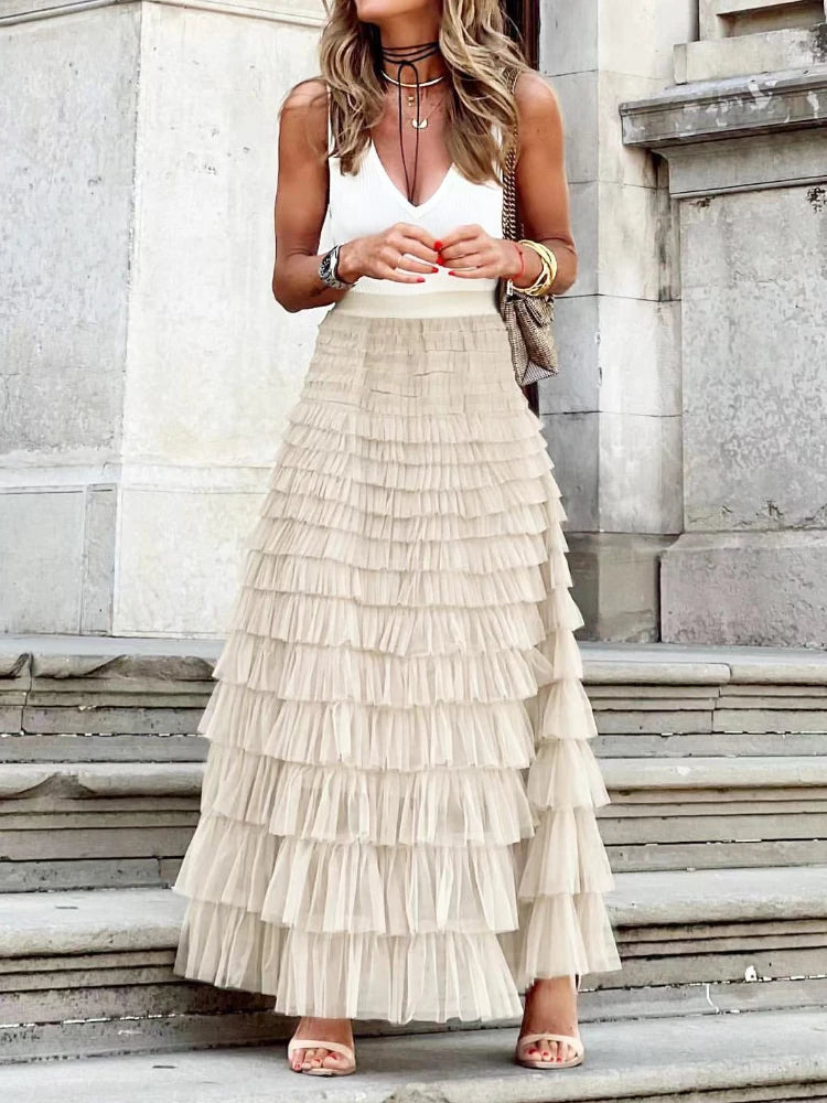 Multilayer Ruffle Mesh Skirt Women Boho High Waist