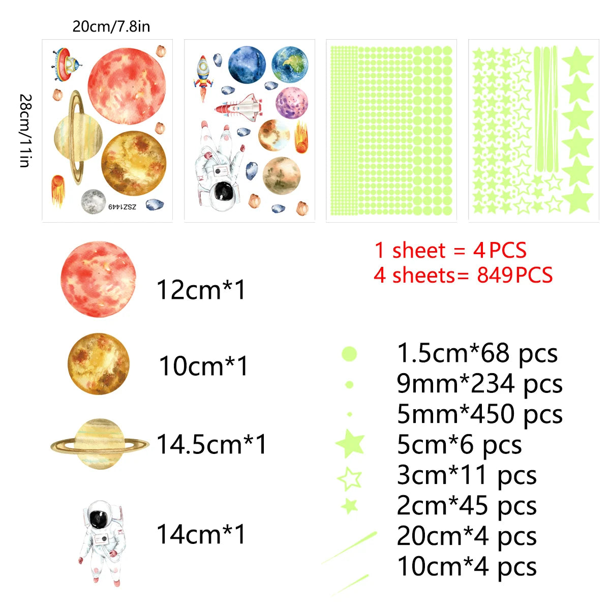 Glowing Stickers Stars for Ceiling Luminous Planet Spaceship Kids Room Decor - 849 Pieces