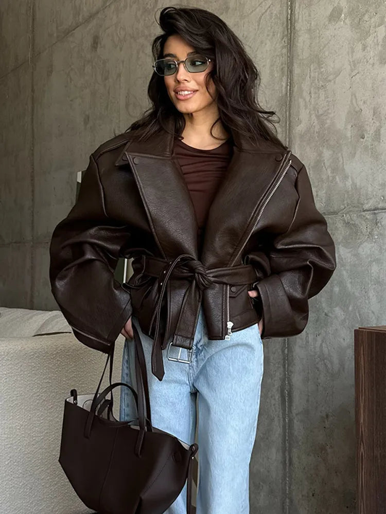 Green Loose Leather Jacket Long Sleeve