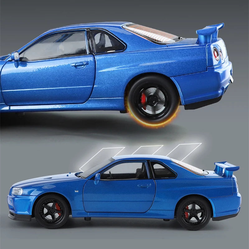 Nissan Skyline Ares GTR R34 Car Model Metal Sound Light 1:24