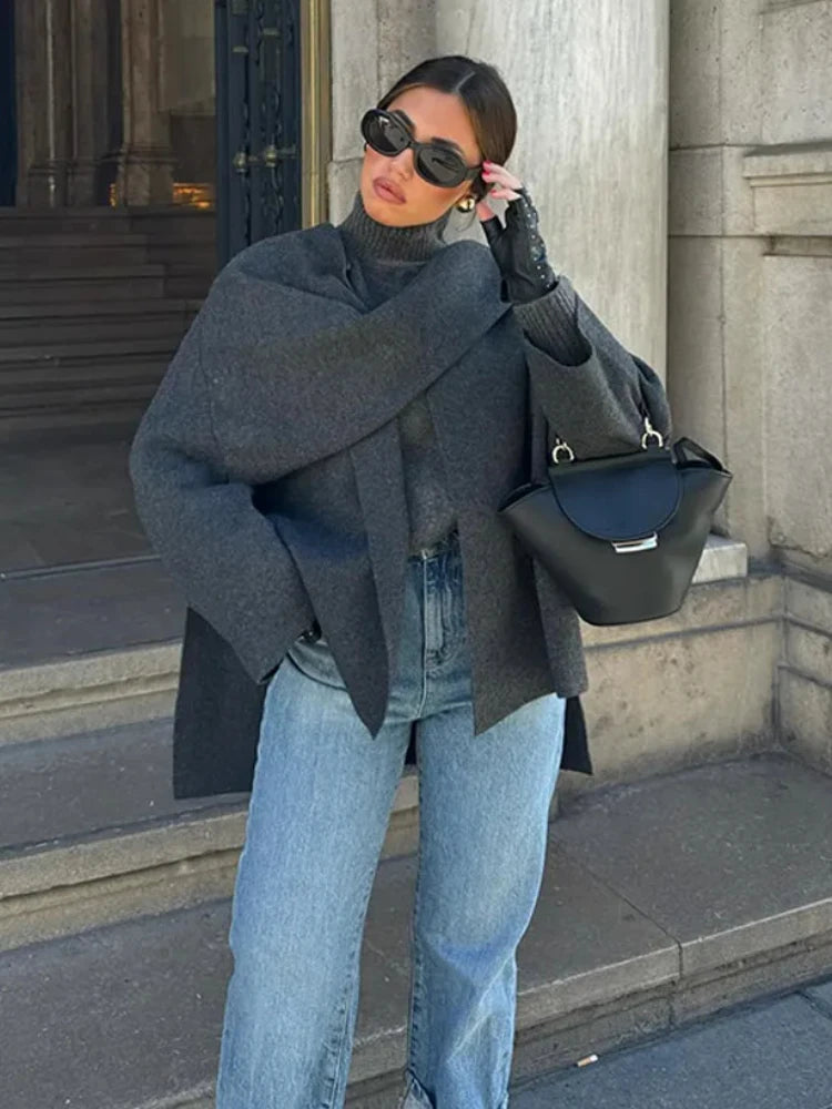 Asymmetric Scarf Knitted Coat O-neck Single Button