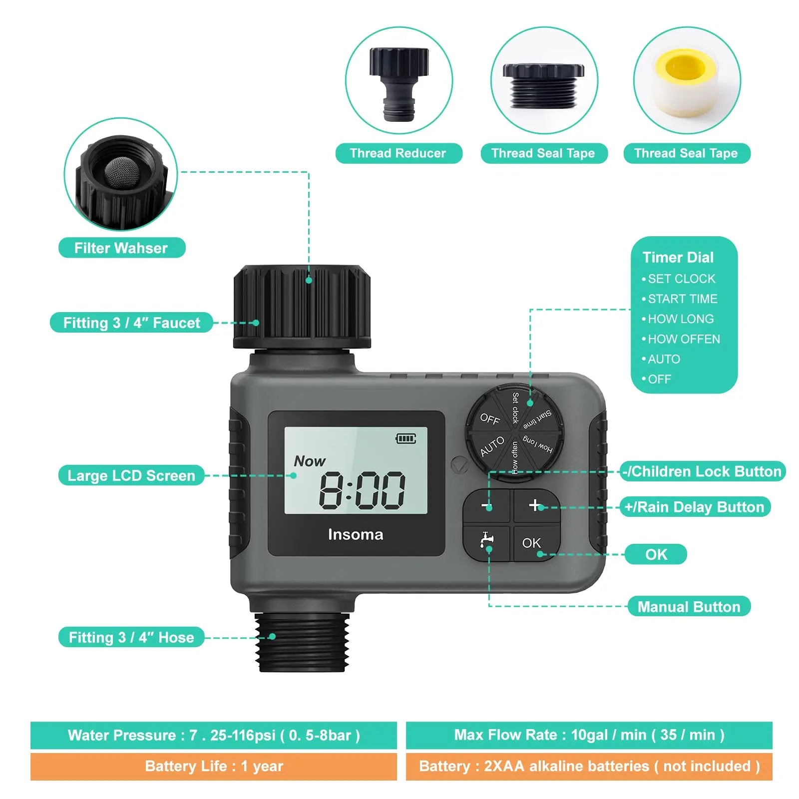 Automatic Water Timer Intelligent Irrigation Watering System Sprinkler - LCD Display