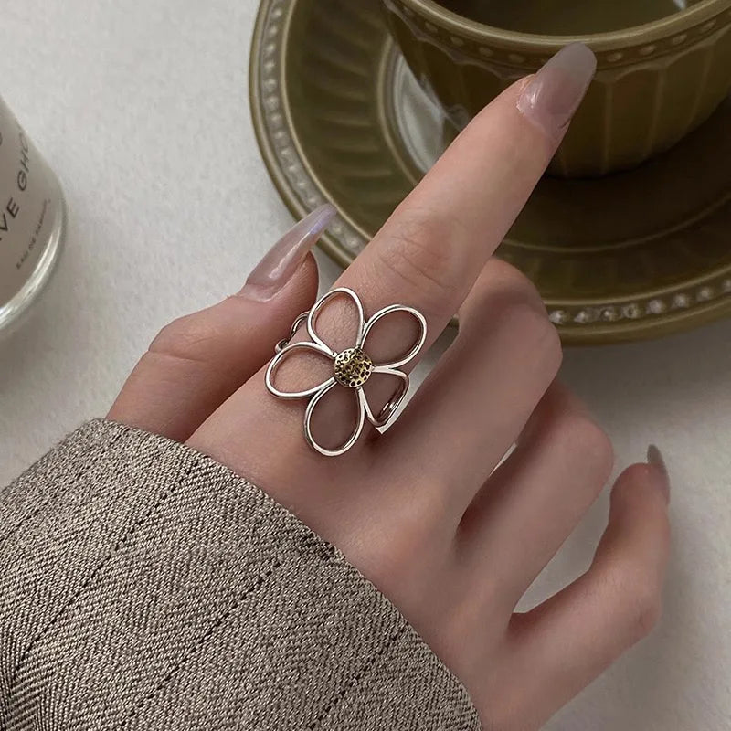 Minimalist Flower Silver Ring for Women