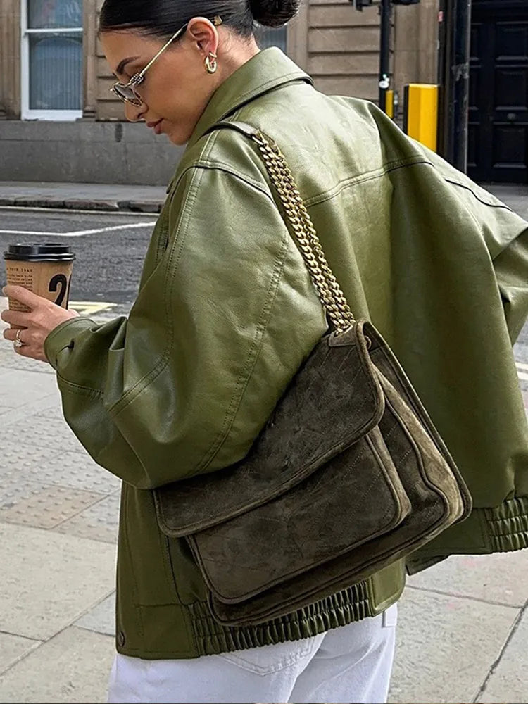 Green Loose Leather Jacket Long Sleeve