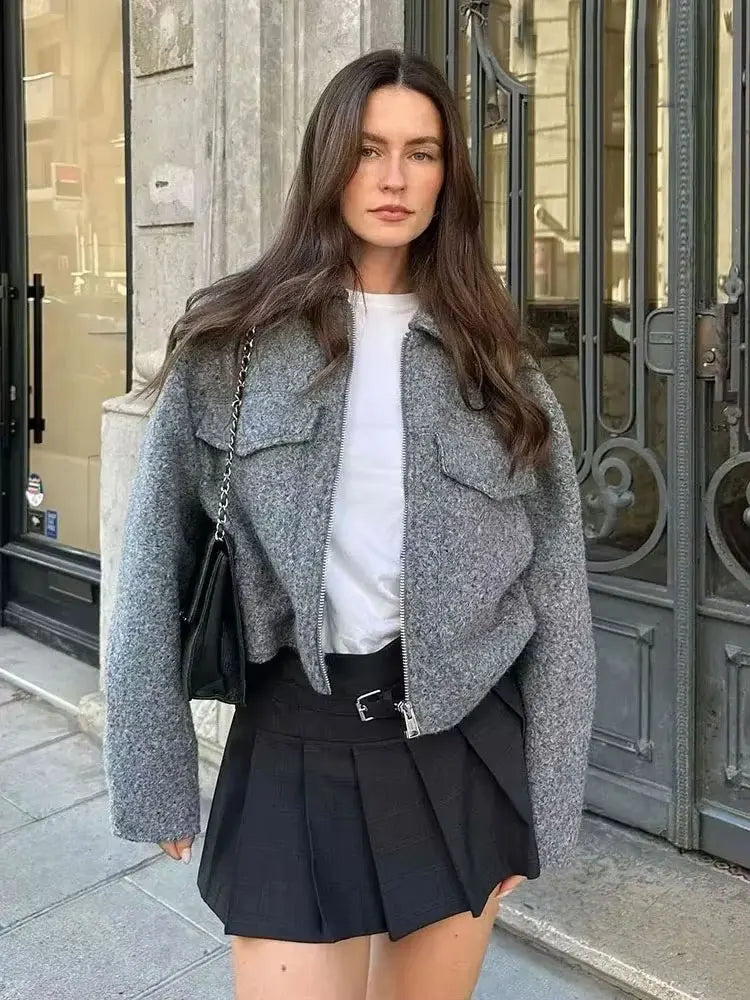 Cropped Jacket Coat Vintage Long Sleeve Front Zipper