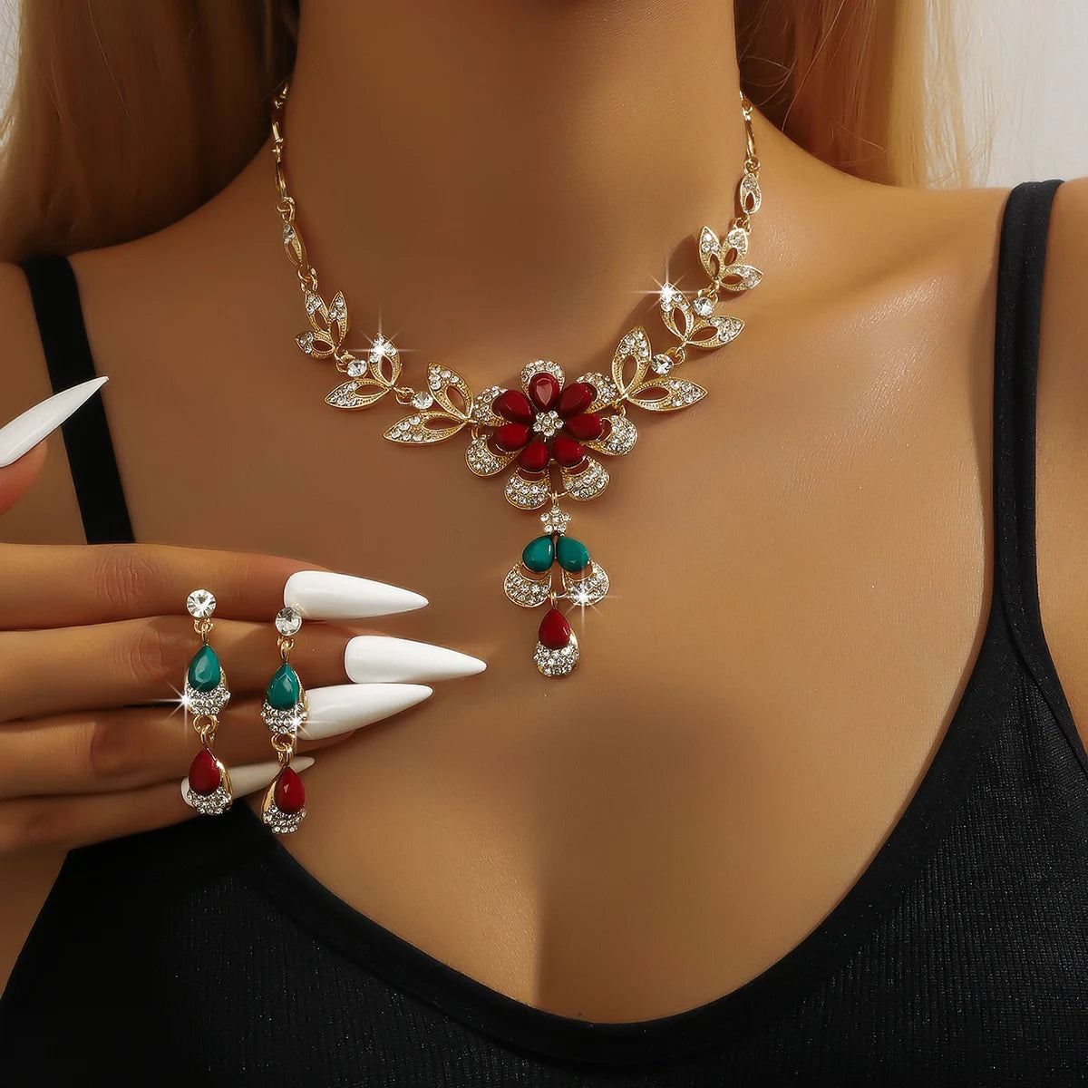 Women's Fashion Gold Flower Necklace and Earrings - 3 Pieces