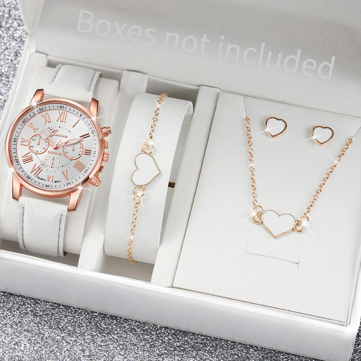 Kit Women's Quartz Watch Leather Band Analog Wrist Watches and Jewelry Set