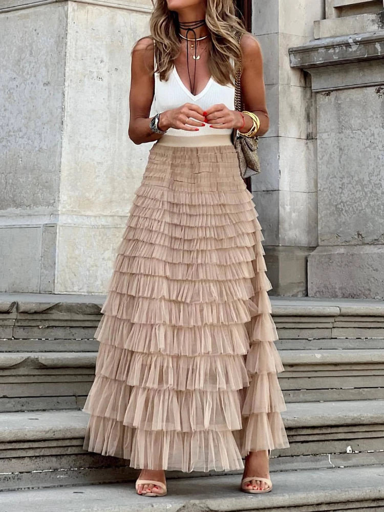 Multilayer Ruffle Mesh Skirt Women Boho High Waist
