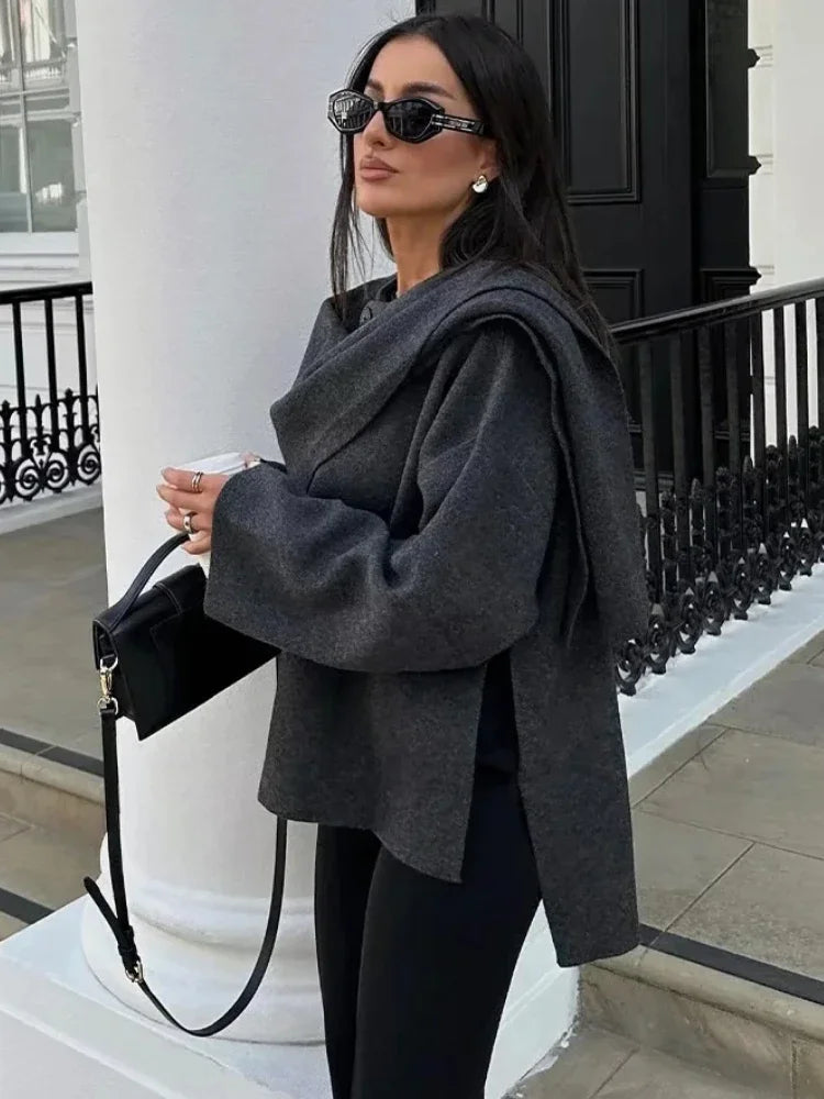 Asymmetric Scarf Knitted Coat O-neck Single Button