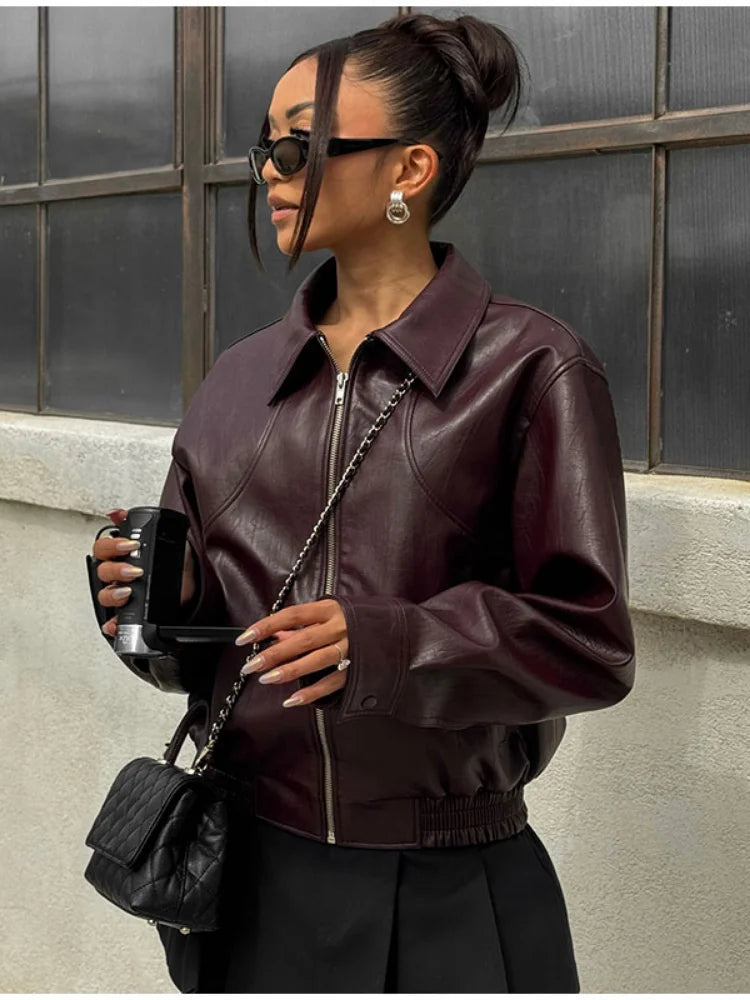 Green Loose Leather Jacket Long Sleeve