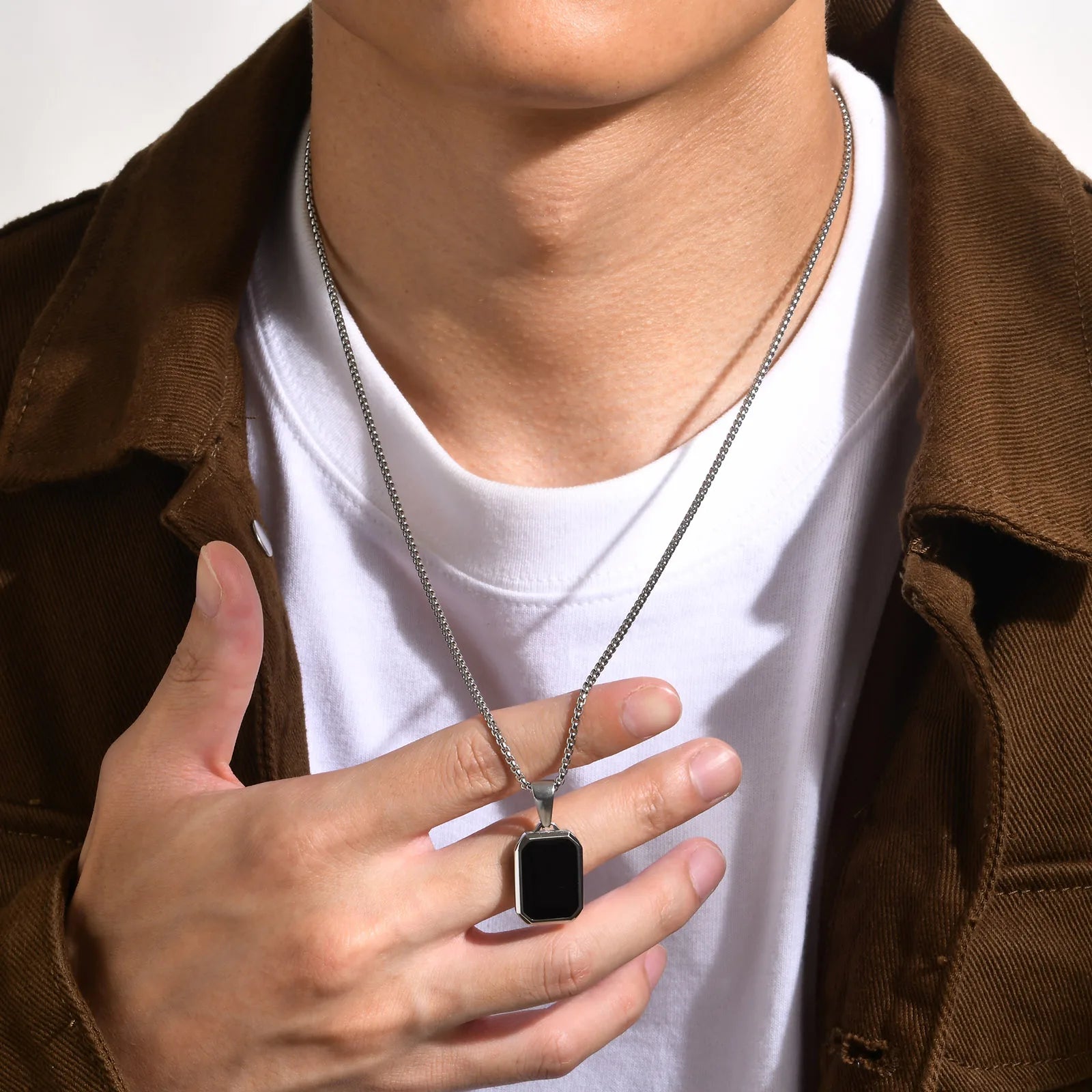 Black Enamel Necklaces for Men Waterproof Stainless Steel