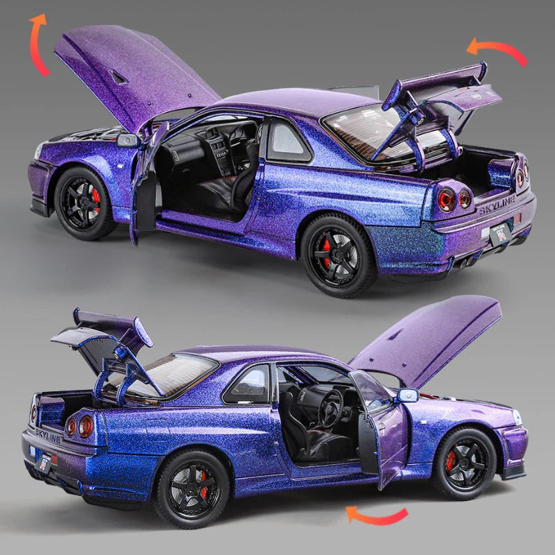Nissan Skyline Ares GTR R34 Car Model Metal Sound Light 1:24