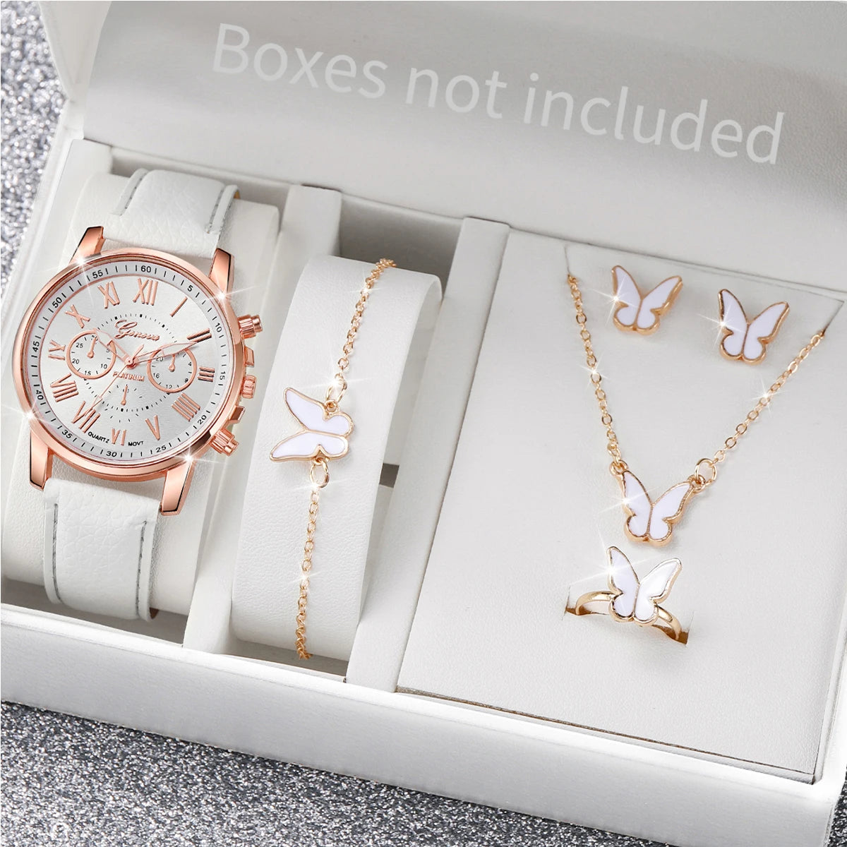 Kit Women's Quartz Watch Leather Band Analog Wrist Watches and Jewelry Set