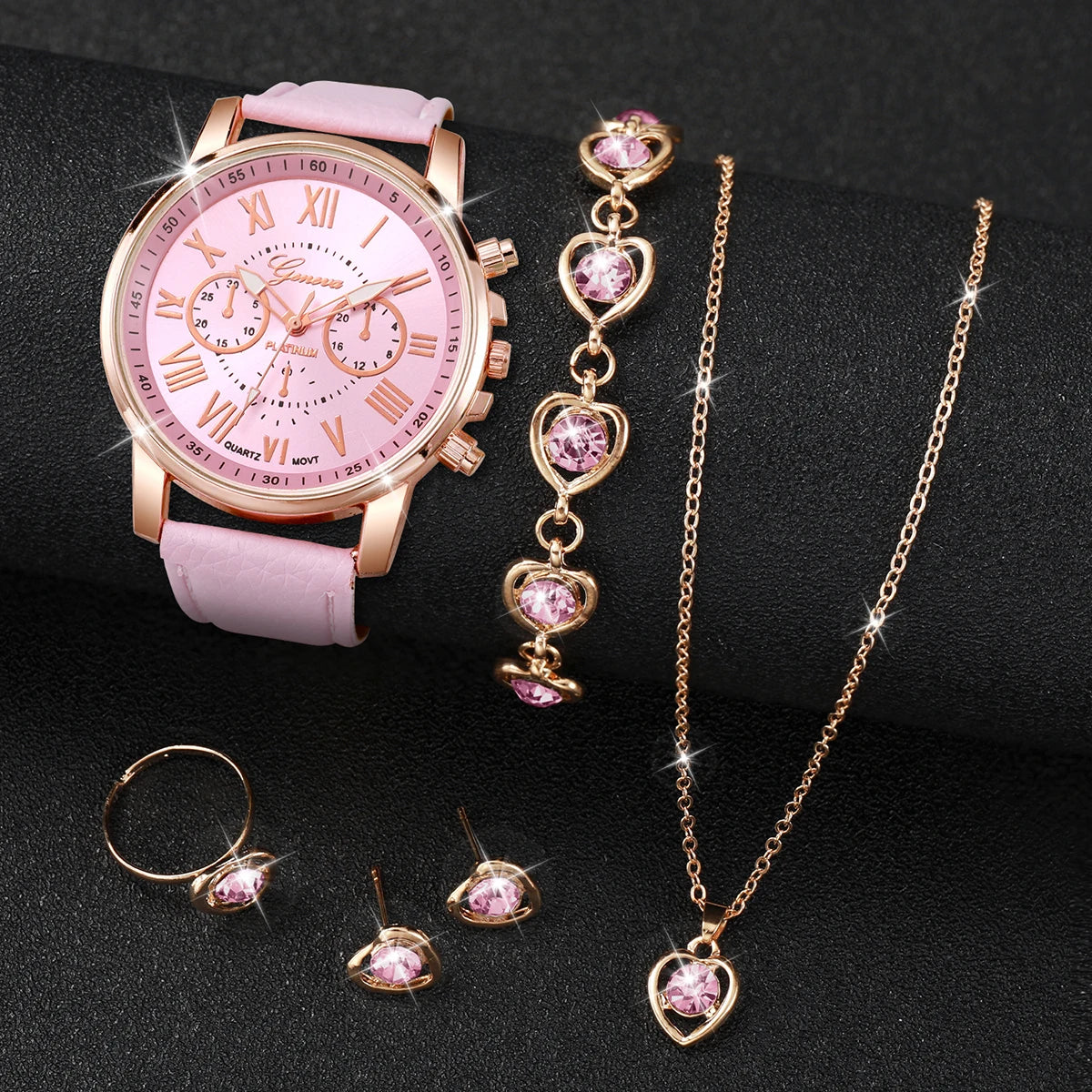 Kit Women's Quartz Watch Leather Band Analog Wrist Watches and Jewelry Set
