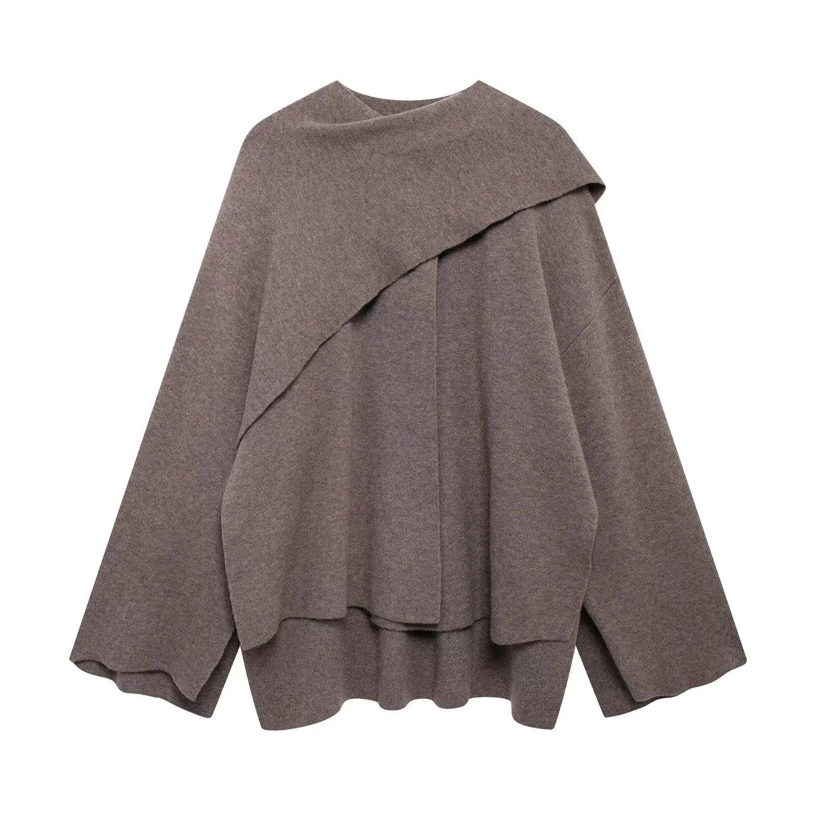 Asymmetric Scarf Knitted Coat O-neck Single Button