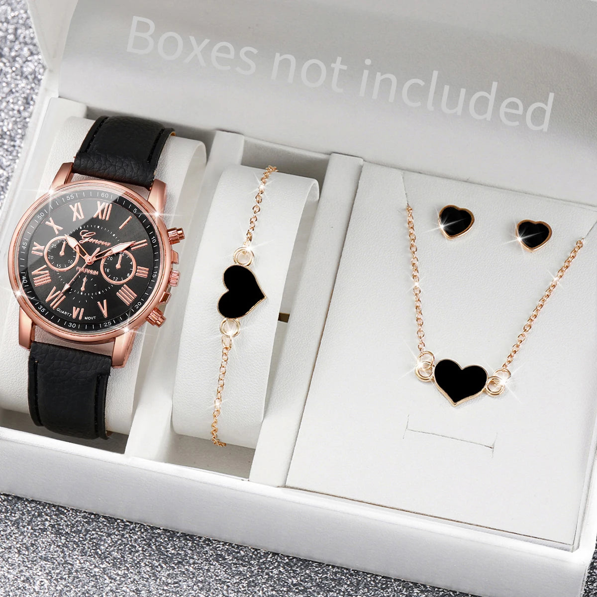 Kit Women's Quartz Watch Leather Band Analog Wrist Watches and Jewelry Set
