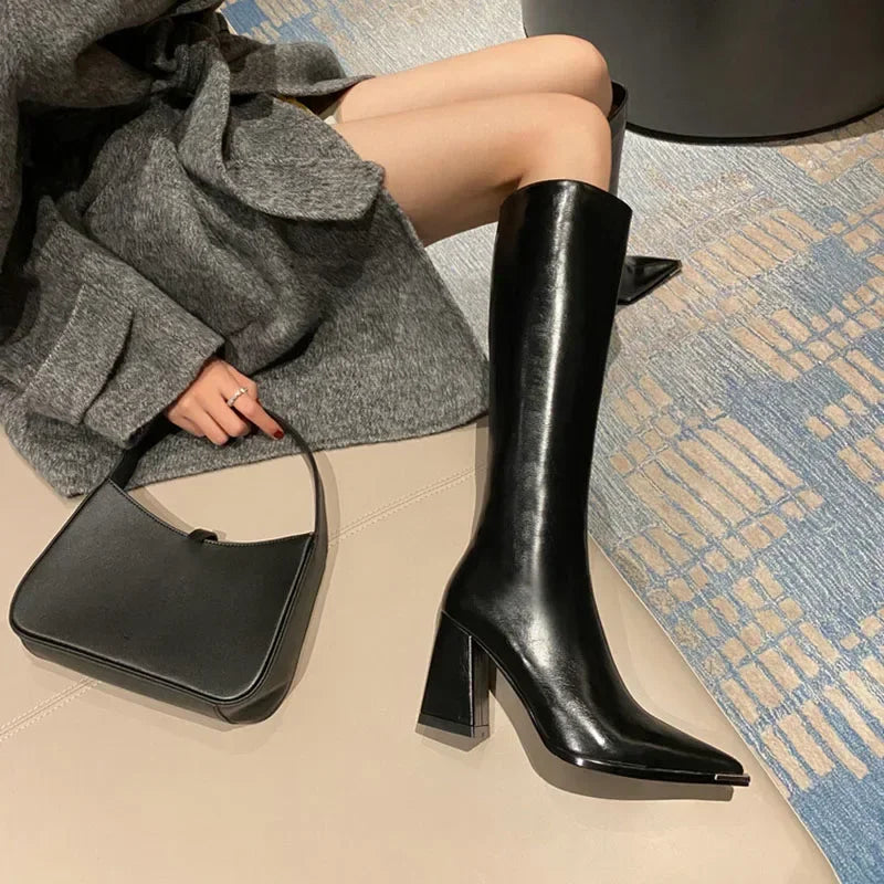 Pointed Toe High Boots Side Zippers