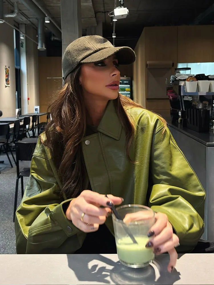 Green Loose Leather Jacket Long Sleeve