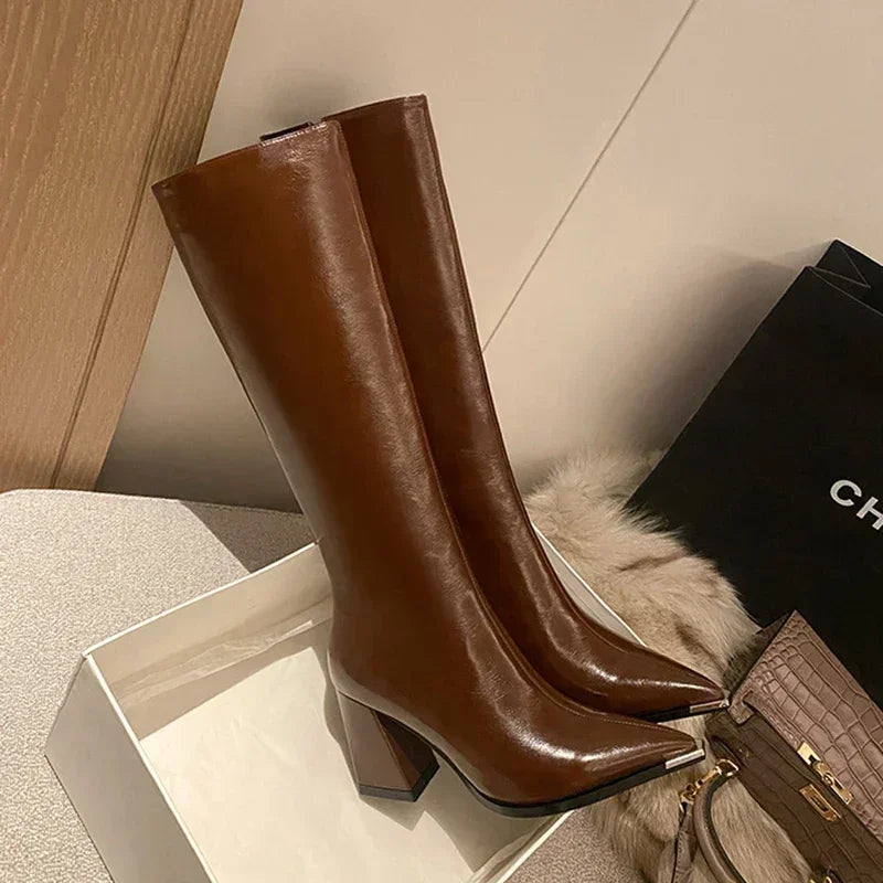 Pointed Toe High Boots Side Zippers