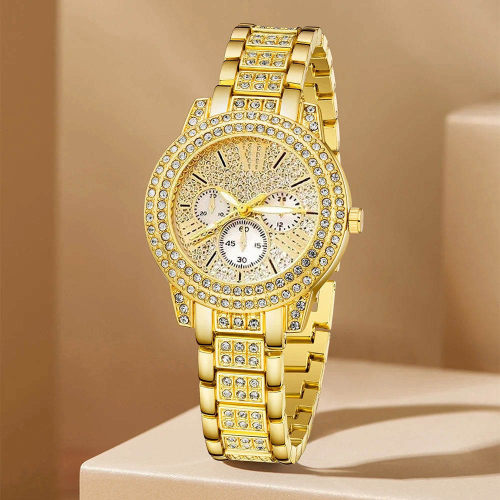 Women's Quartz Watch Gold Luxury Ring Necklace Earring