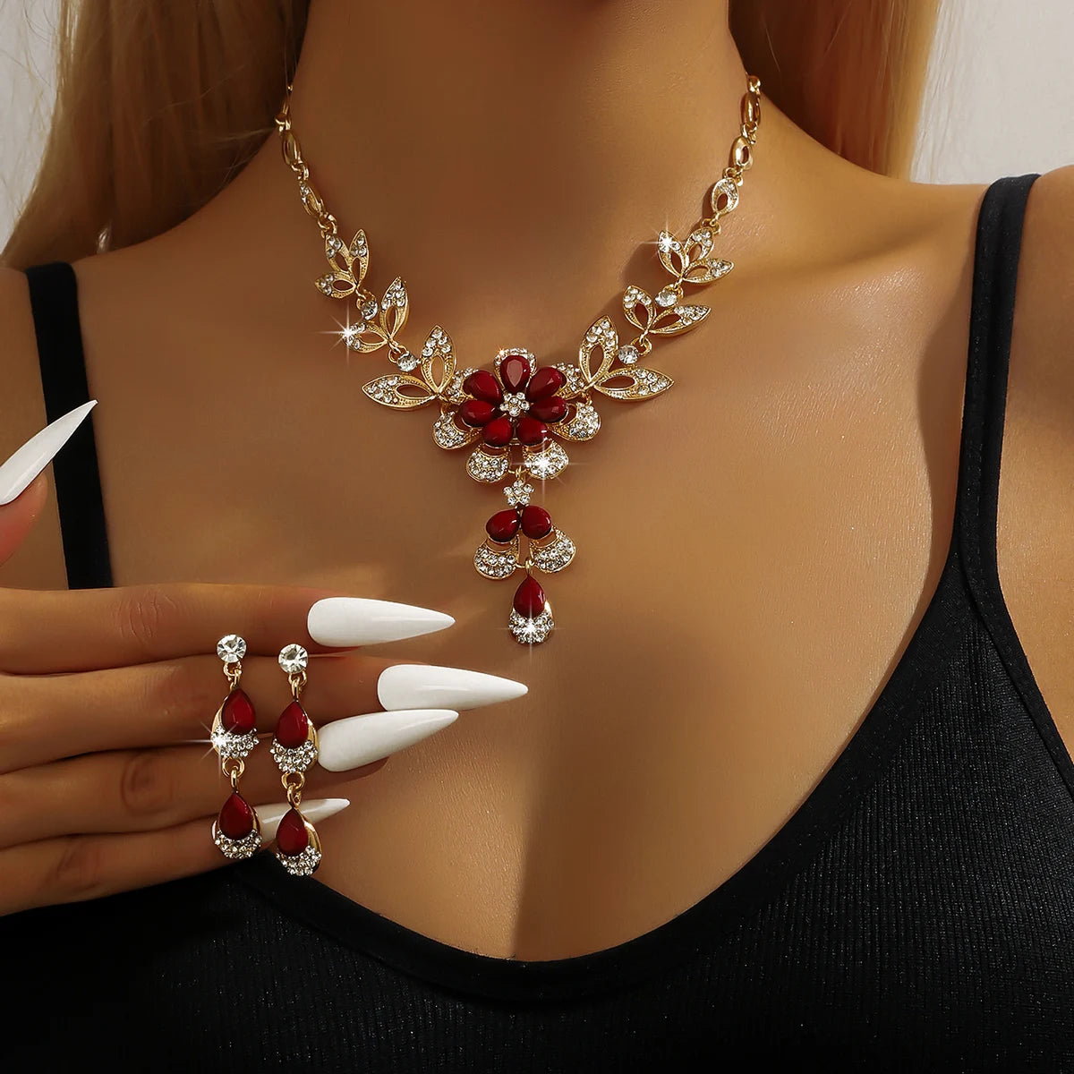 Women's Fashion Gold Flower Necklace and Earrings - 3 Pieces