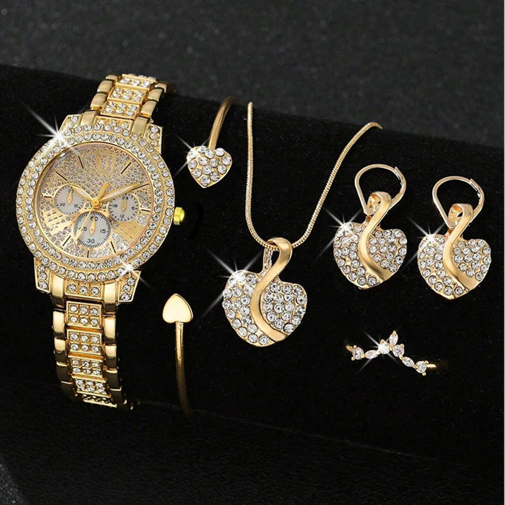 Women's Quartz Watch Gold Luxury Ring Necklace Earring