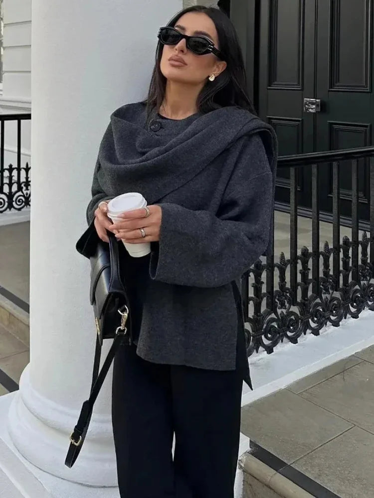 Asymmetric Scarf Knitted Coat O-neck Single Button