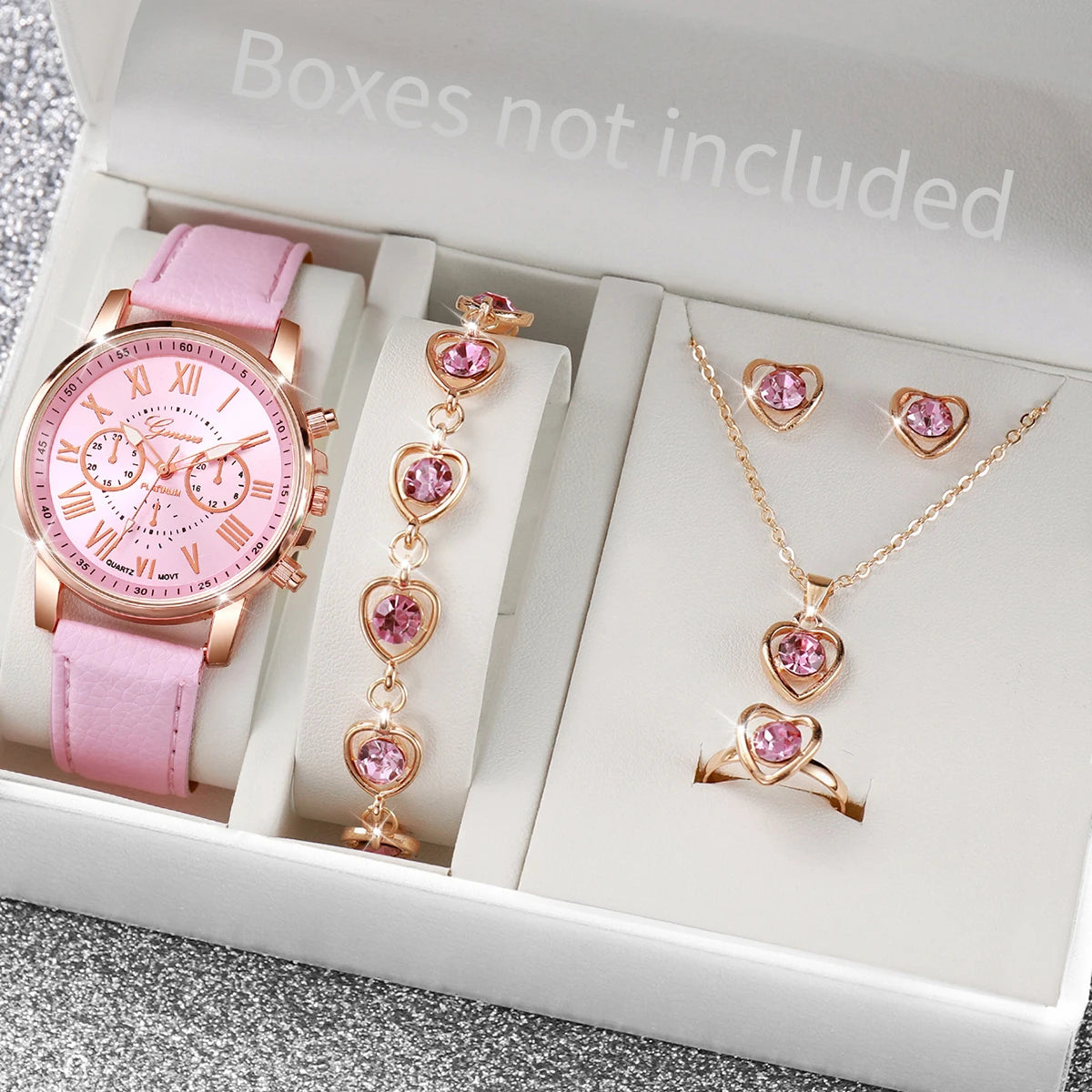 Kit Women's Quartz Watch Leather Band Analog Wrist Watches and Jewelry Set