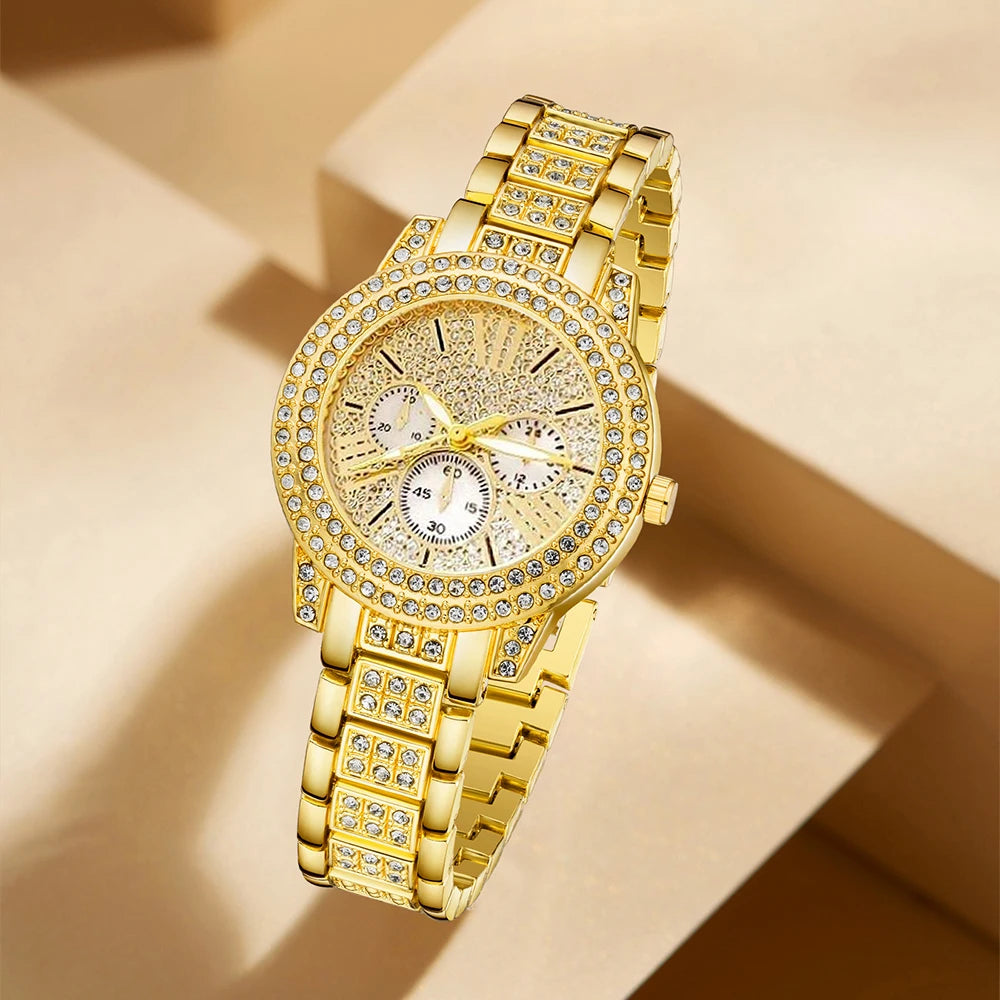 Women's Quartz Watch Gold Luxury Ring Necklace Earring