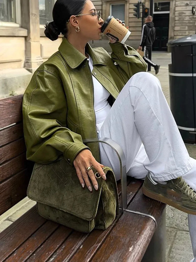 Green Loose Leather Jacket Long Sleeve