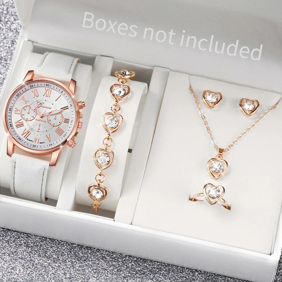 Kit Women's Quartz Watch Leather Band Analog Wrist Watches and Jewelry Set