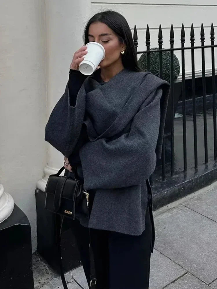 Asymmetric Scarf Knitted Coat O-neck Single Button
