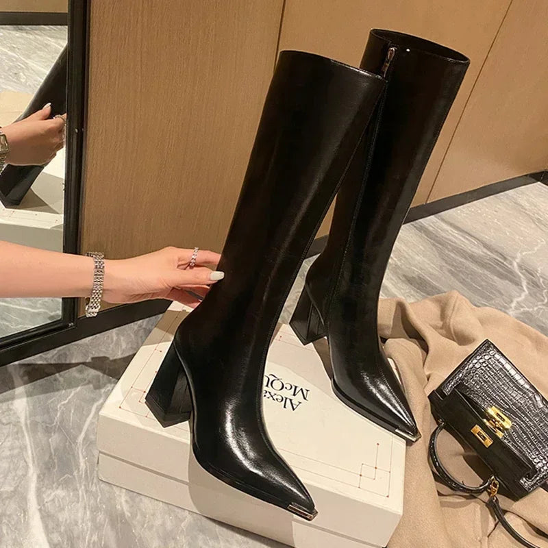 Pointed Toe High Boots Side Zippers