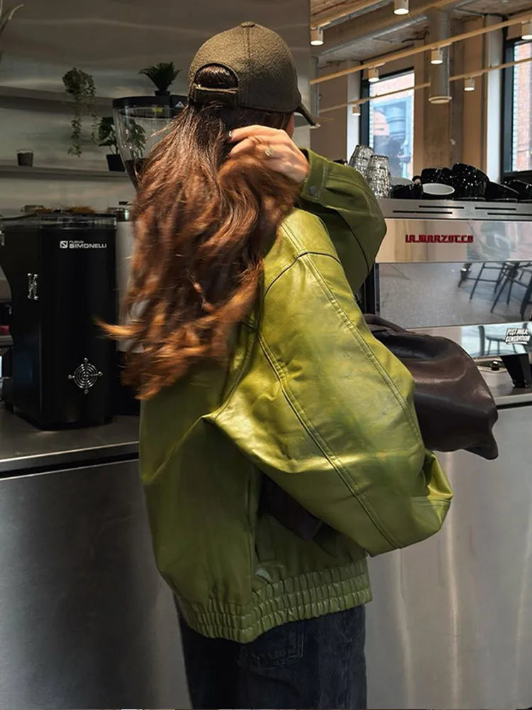 Green Loose Leather Jacket Long Sleeve