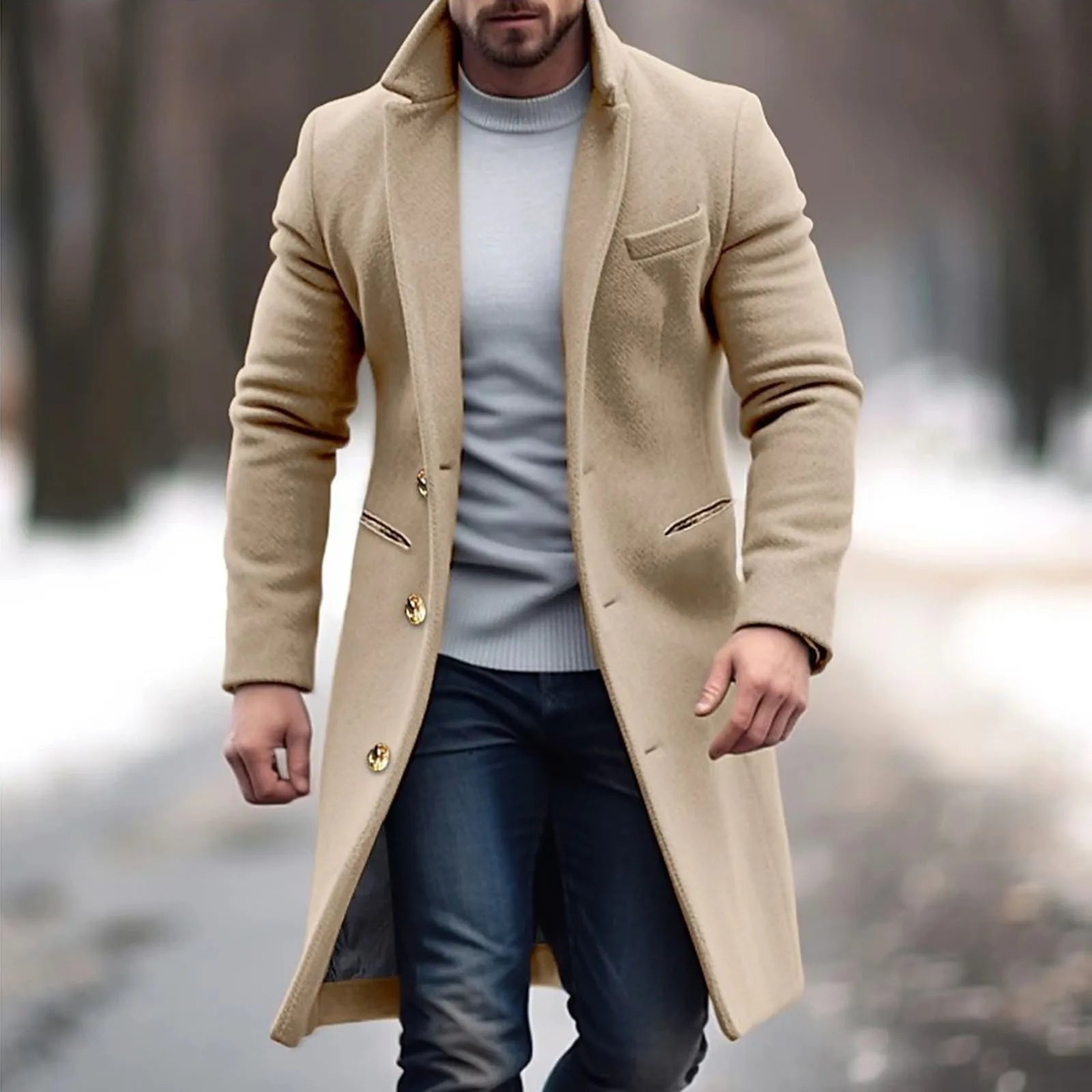 Woolen Mid Length Trench Coat Fashion Jacket