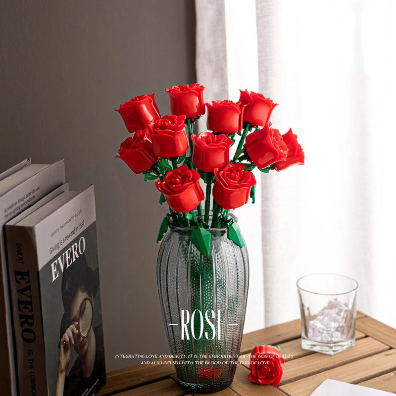 Romantic Rose Flower Bouquet Building Block Assembly Plastic Plant