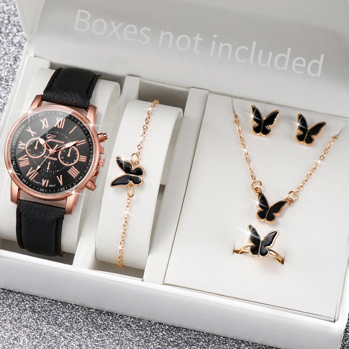 Kit Women's Quartz Watch Leather Band Analog Wrist Watches and Jewelry Set