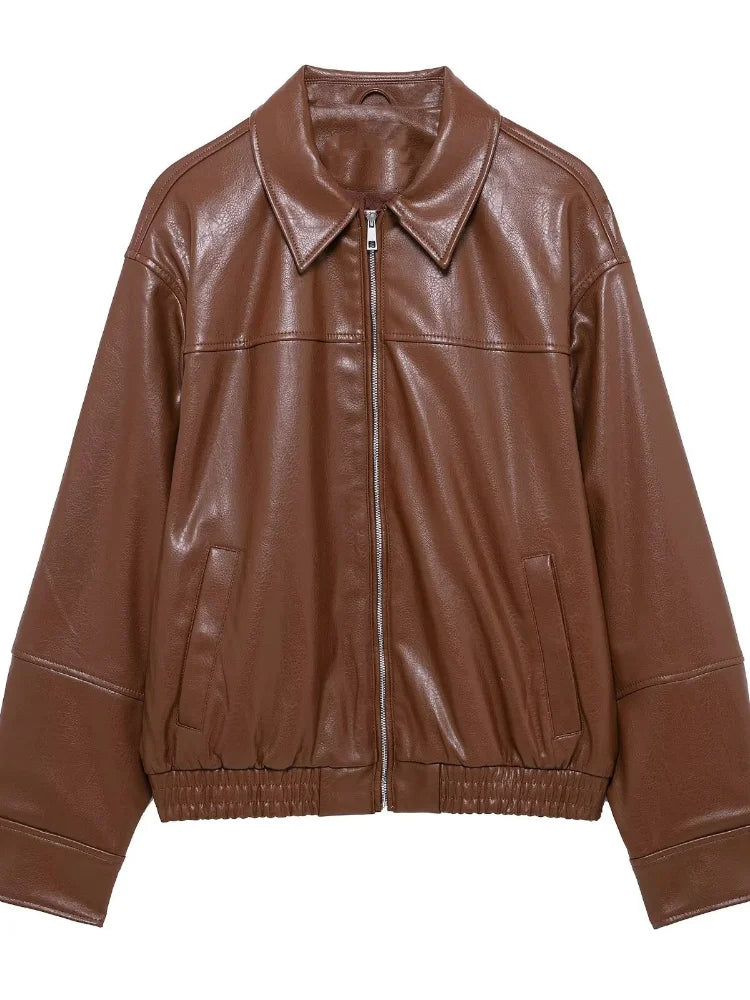 Green Loose Leather Jacket Long Sleeve